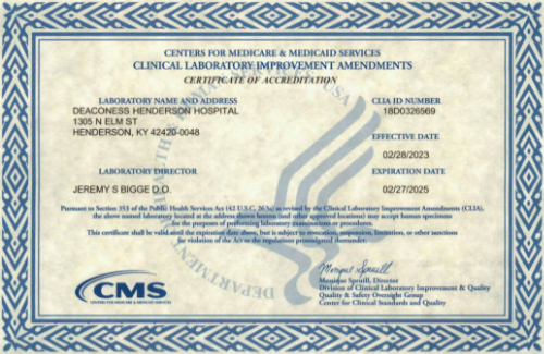 Deaconess Henderson Hospital Lab CLIA Certificate