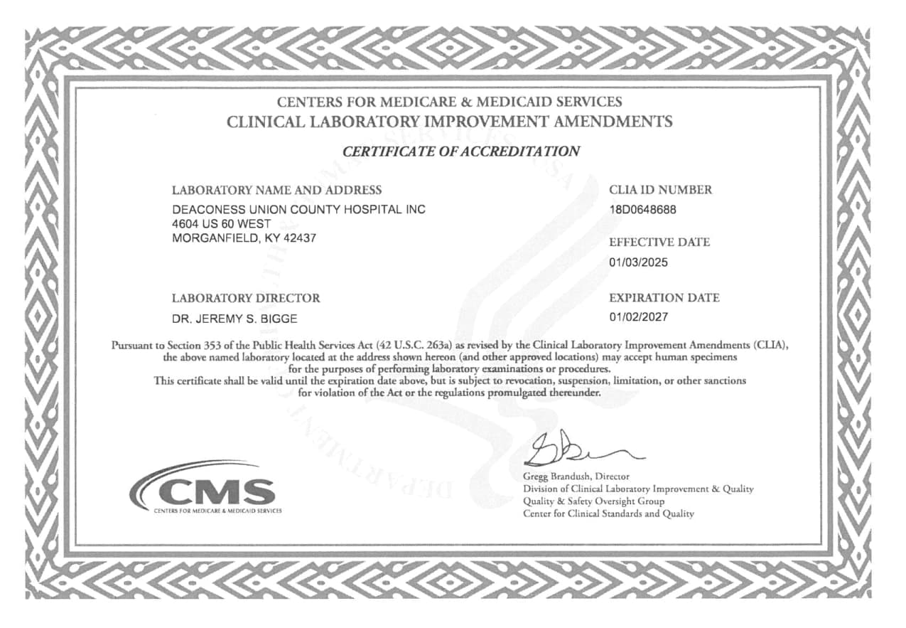 Deaconess Union County Hospital CLIA Certificate 010325-010227