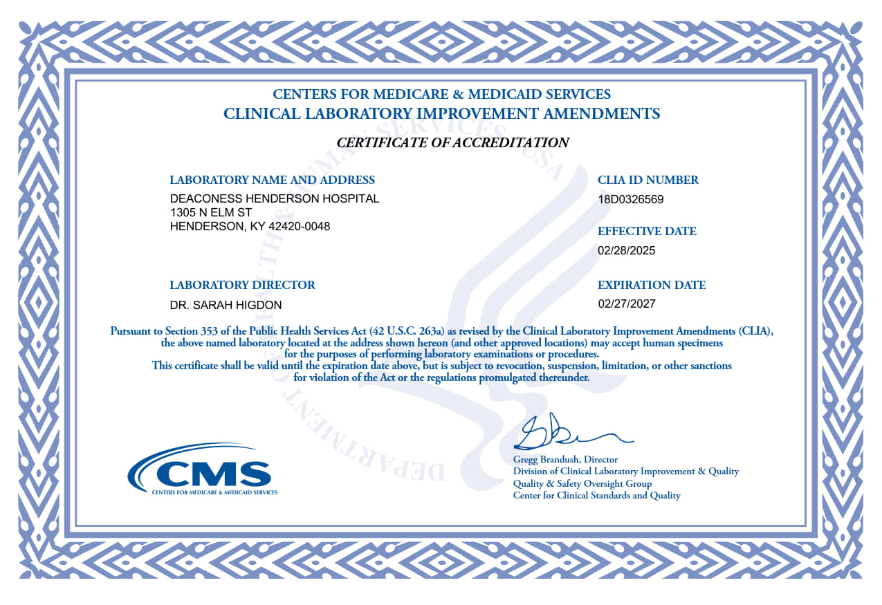 Deaconess Henderson Hospital CLIA Certificate 18D0326569 2025-02-28-exp-02-27-2027_1 Deaconess Henderson Hospital CLIA Certificate 18D0326569 2025-02-28-exp-02-27-2027_1
