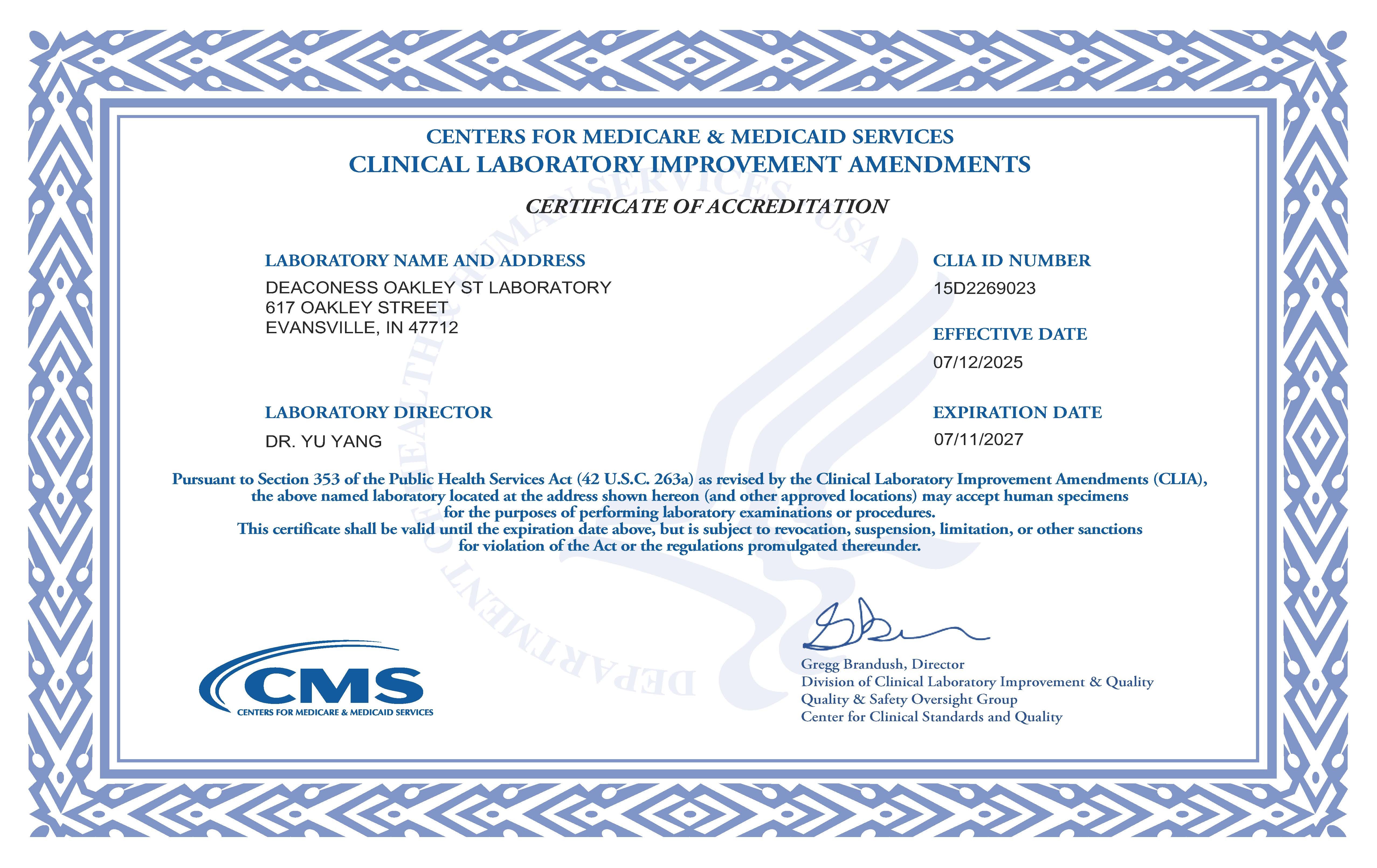 Oakley CLIA Certificate 071223-071125 Oakley CLIA Certificate 071223-071125