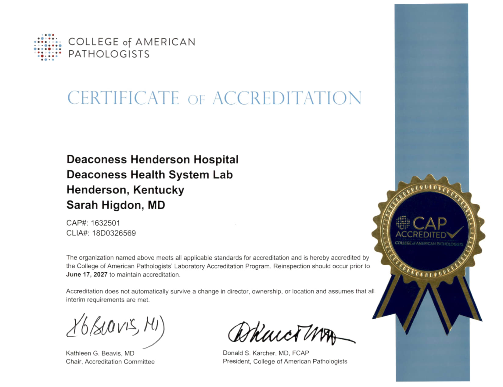 CAP Certificate of Accreditation HND Lab exp 061727_1 CAP Certificate of Accreditation HND Lab exp 061727_1