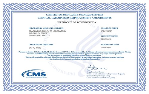 Deaconess Oakley Street Lab CLIA Certificate