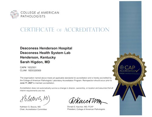 Deaconess Henderson Hospital Lab CAP Certificate