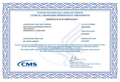 Deaconess Henderson Hospital Lab CLIA Cert Exp 022725